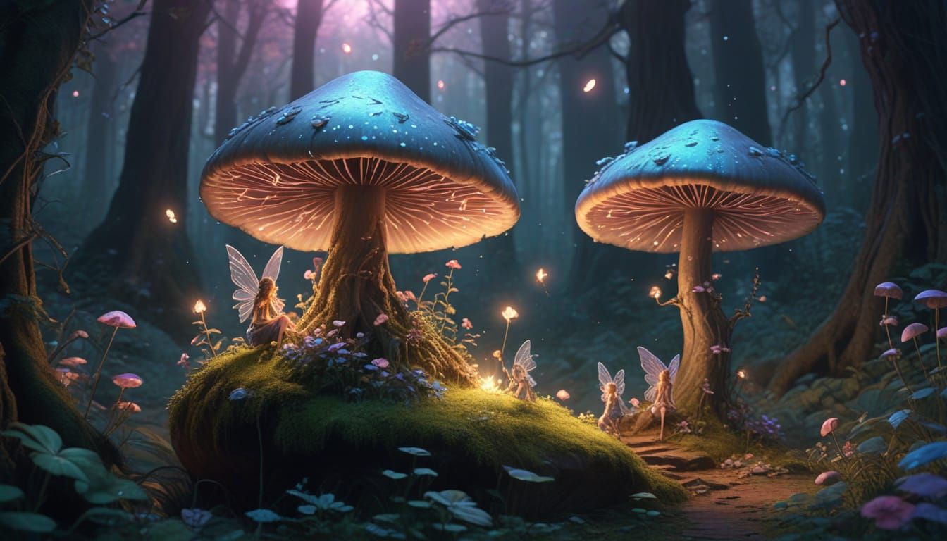 Fairies on Giant Mushroom in Enchanted Forest