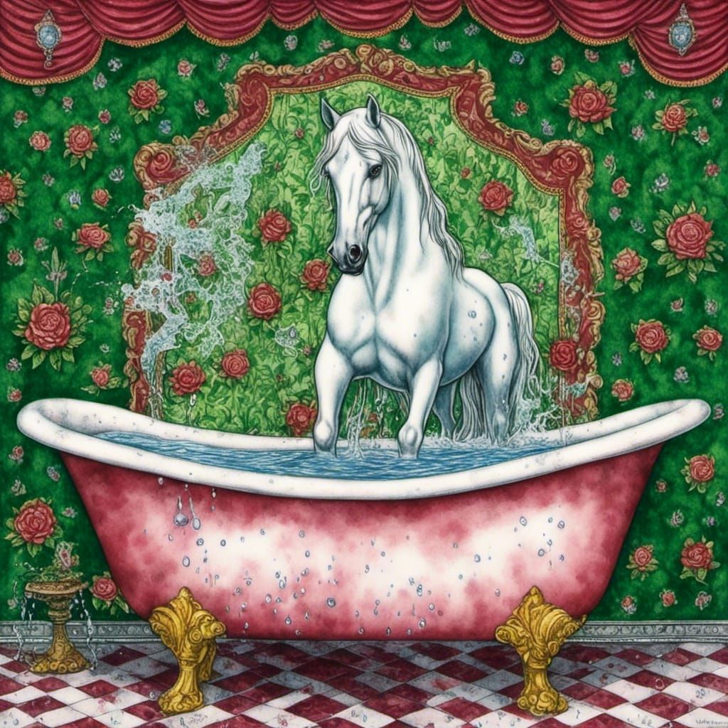 Horse in Bathtub: Pop Surrealist Digital Painting
