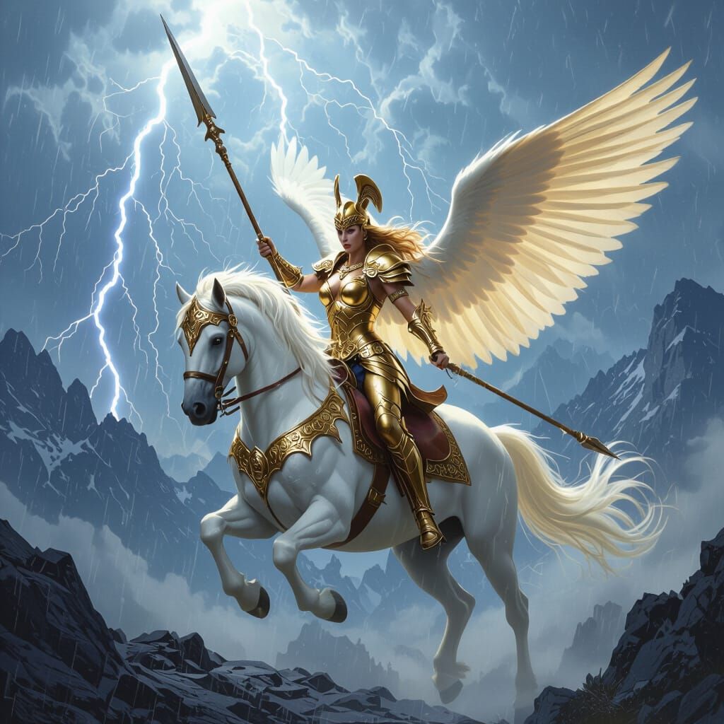 Valkyrie Descends on Pegasus in Epic Fantasy Style