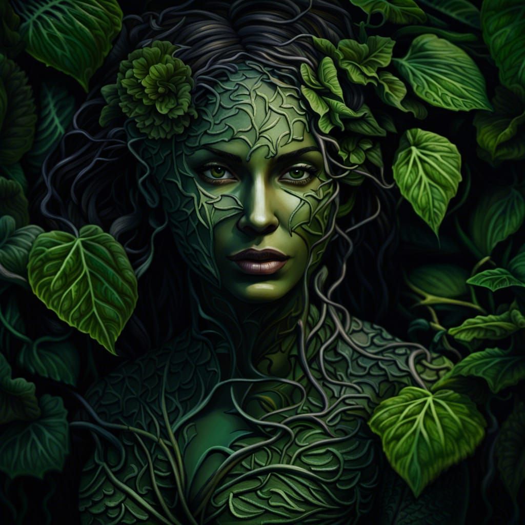 woman, green skin, vines, plant woman, beautiful