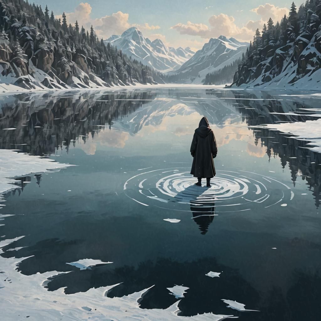 Hooded Figure on Frozen Lake: Digital Art