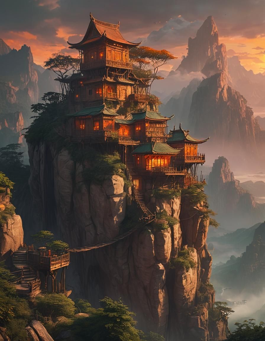 Fantasy Stilt Village on Emerald Mountains