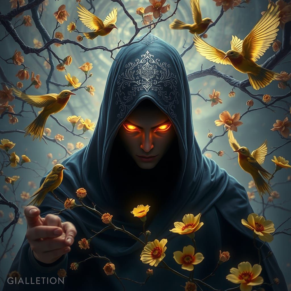 A mystical figure with glowing eyes cloaked in shadows is su...
