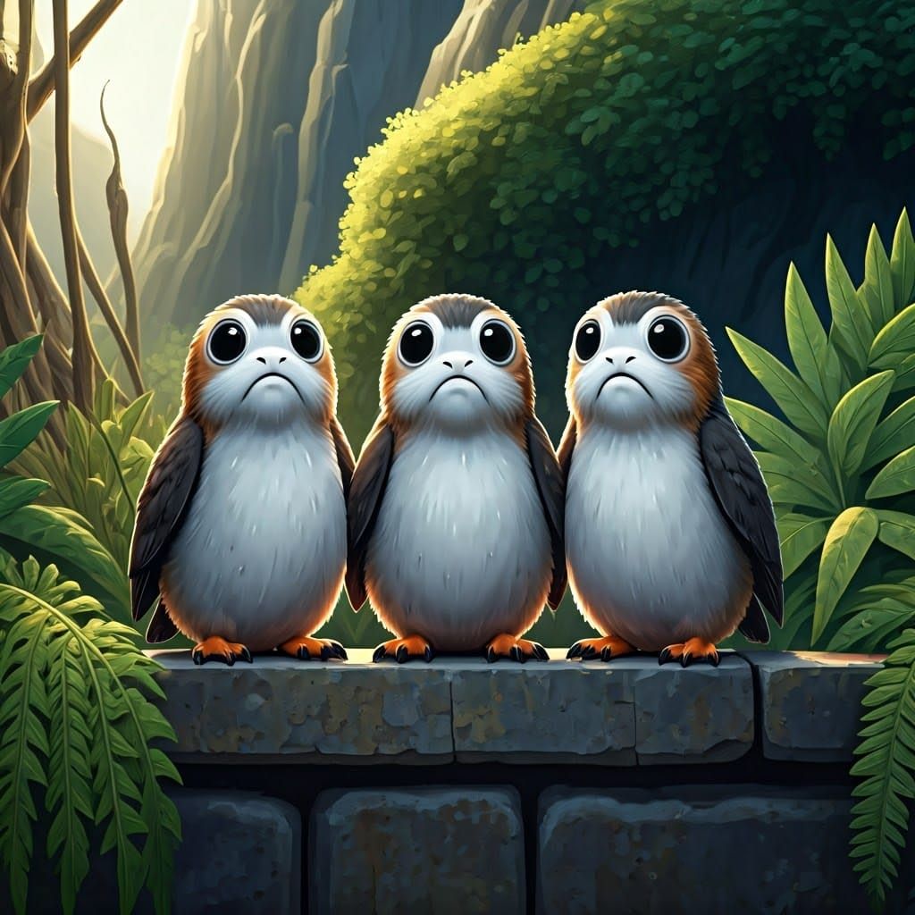 Whimsical Porgs Perch on Weathered Stone Wall in Lush Ahch-T...