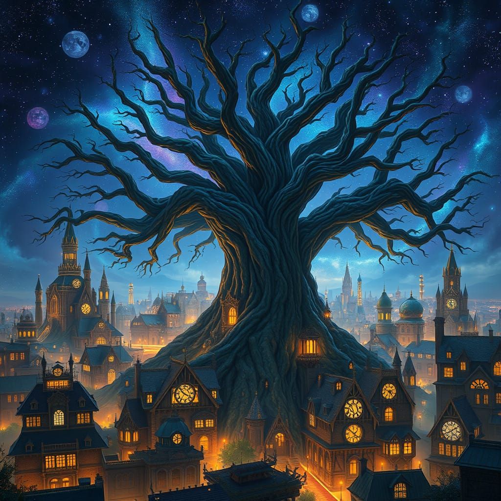 Steampunk Metropolis in Starry Night Sky