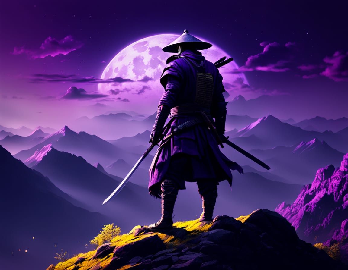 Lone Samurai on Mountain, Hyperrealistic Digital Art