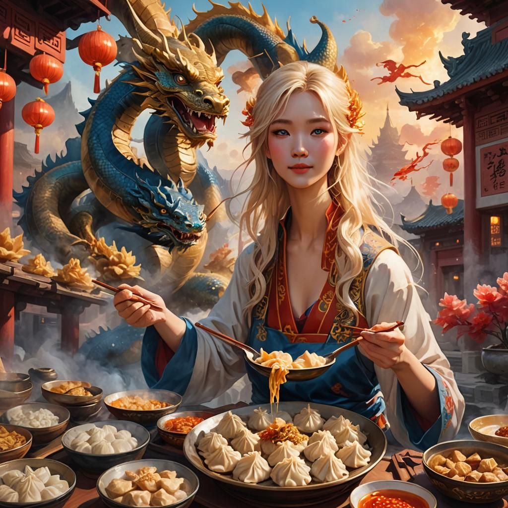 Girl with Dragon Eating Dumplings as Watercolor Art