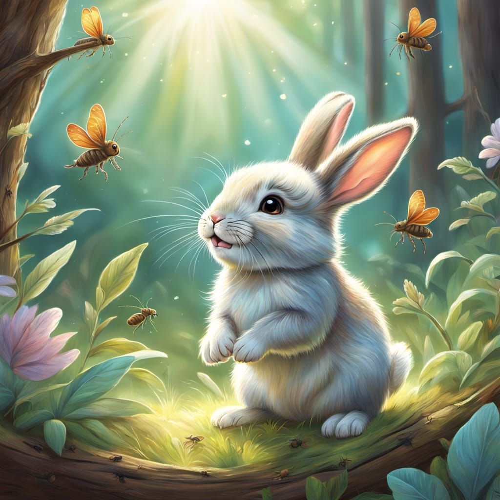 Pastel Baby Bunny Playing in Sunny Woods