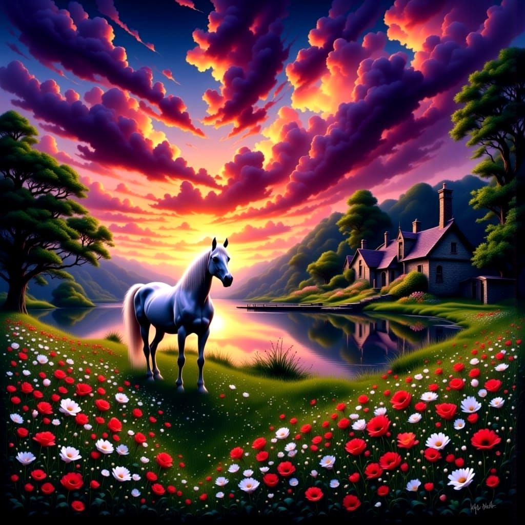 Gothic Sunset Illuminates Majestic White Horse in a Wildflow...