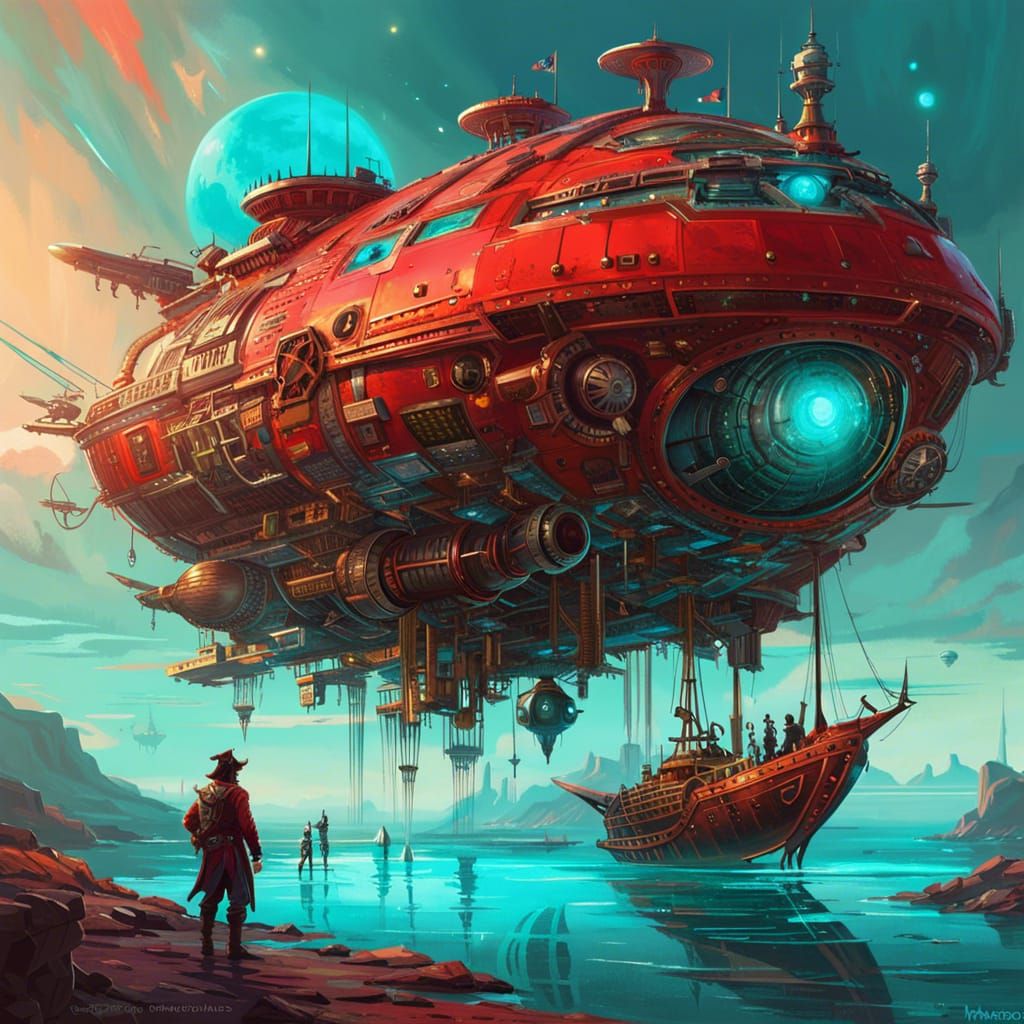 Pirate Steampunk Spaceship on Dog Alien Planet