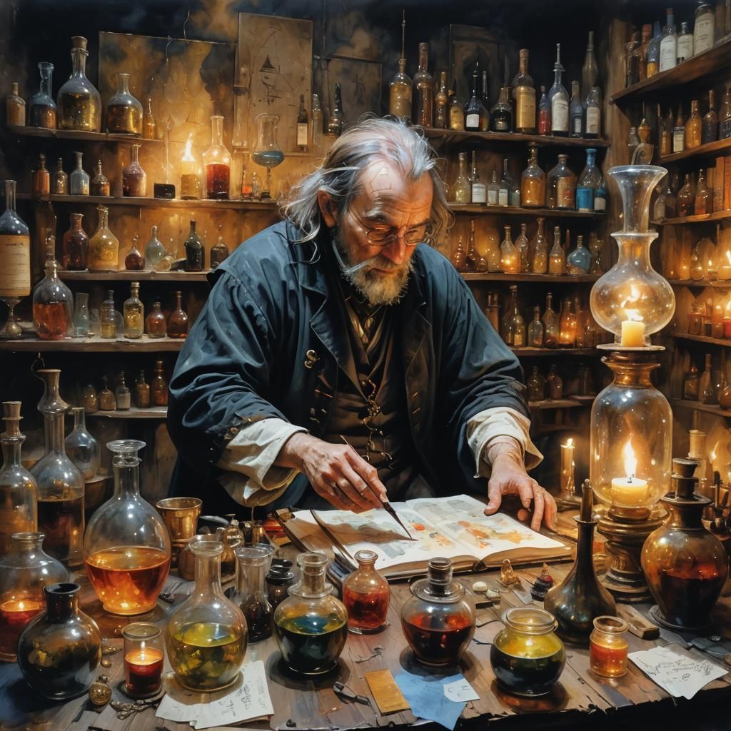 Alchemist's Candlelit Lair with Occult Symbols