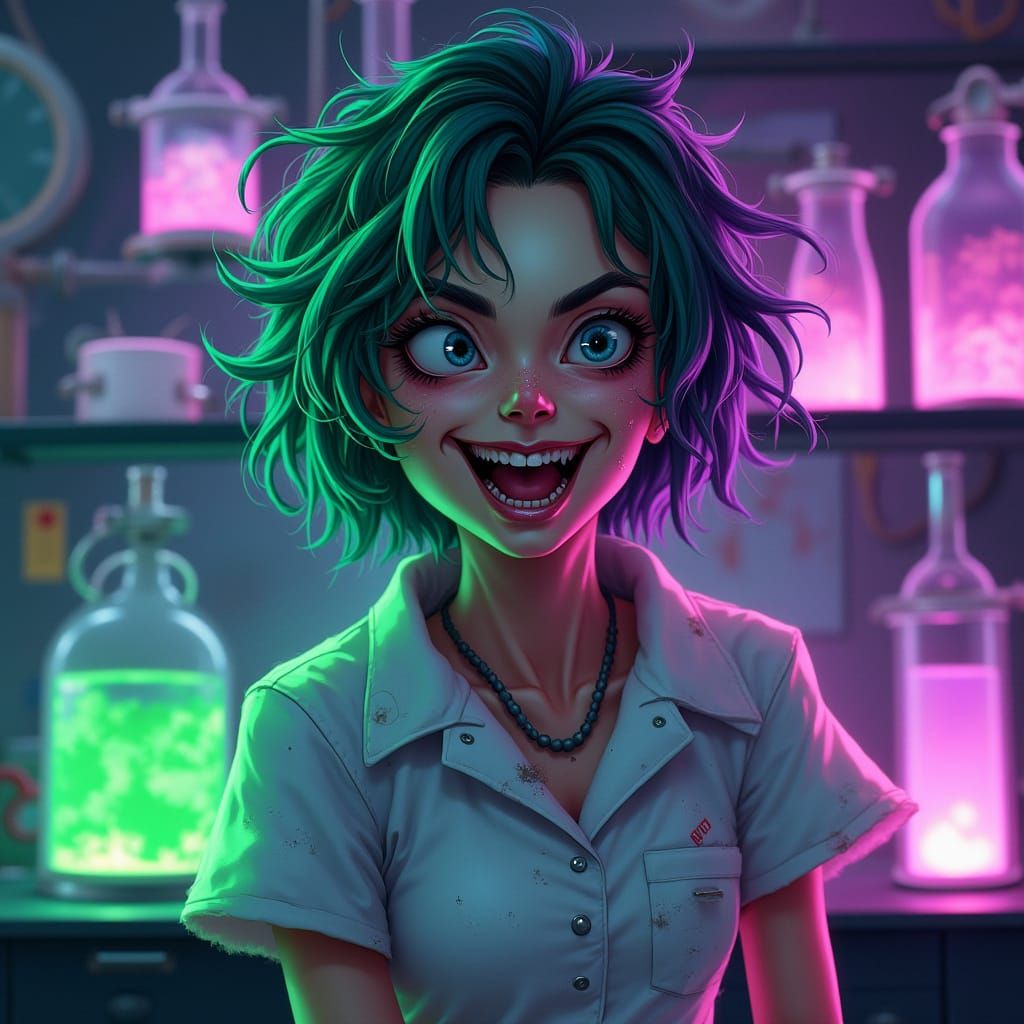 Whimsical Mad Scientist Woman in Neon Sci-Fi Lab