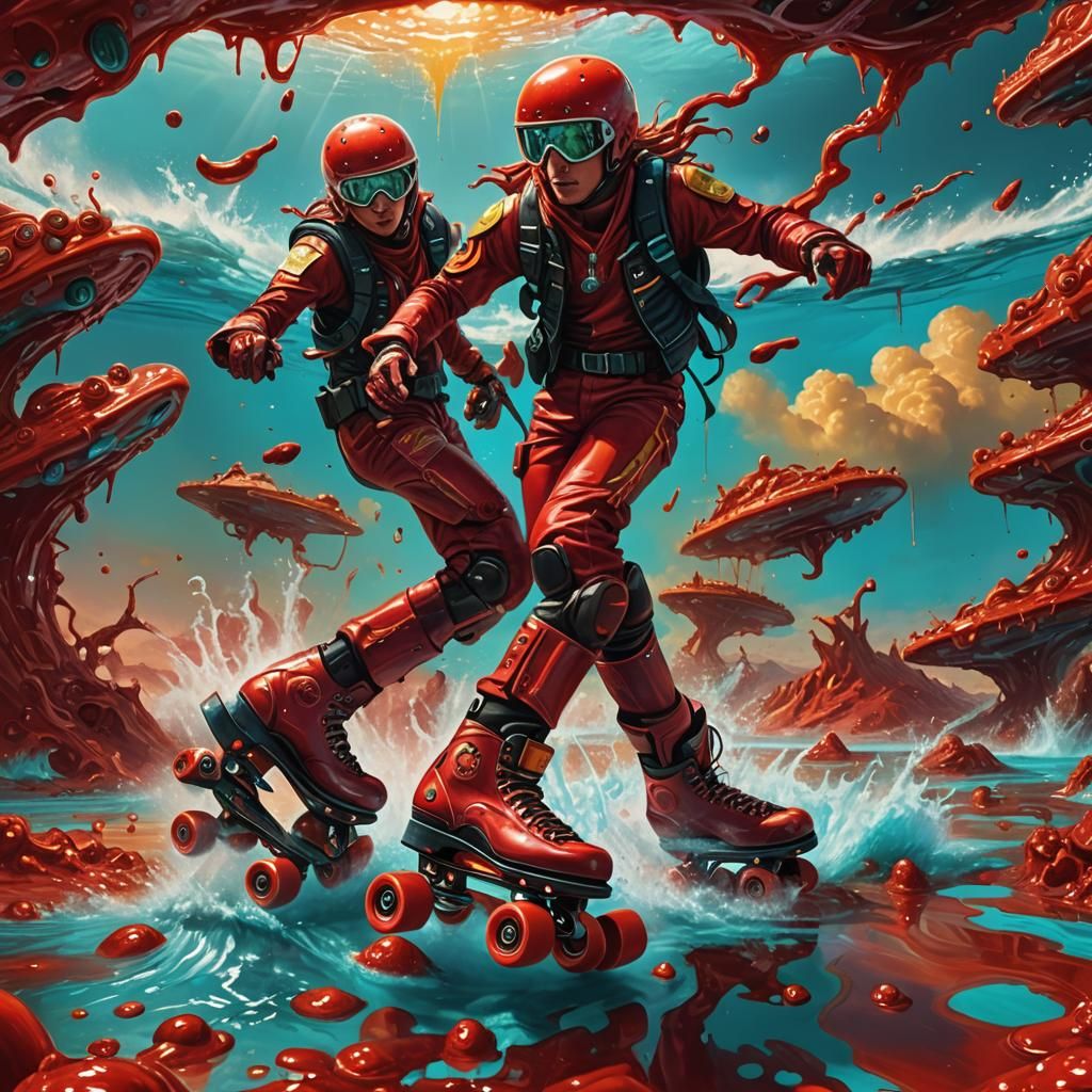 Red Roller Skates Race Through Hot Sauce Lagoon