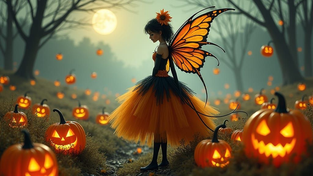 Whimsical Fairy in a Glowing Pumpkin Patch