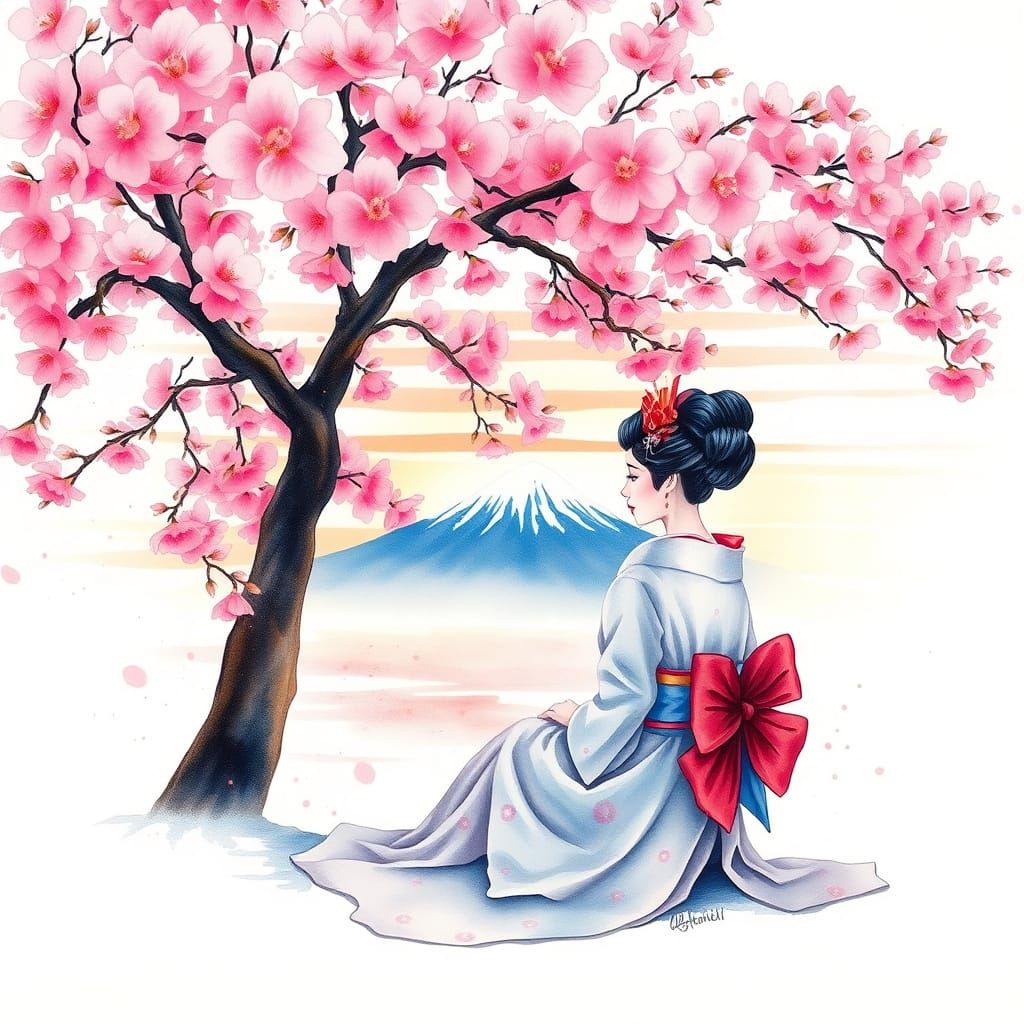 Pastel Geisha Under Cherry Blossoms with Mount Fuji