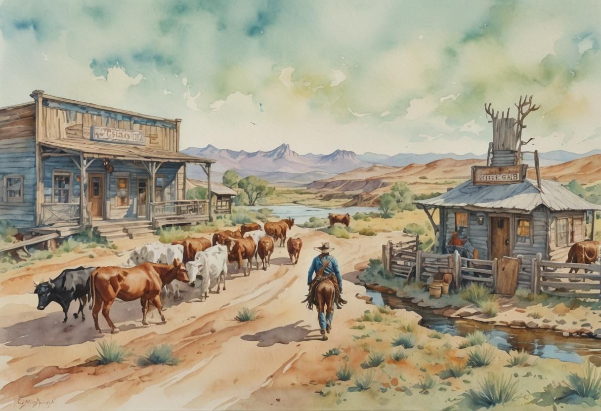 Whimsical Watercolor Western Saloon with Cowboy and Cattle
