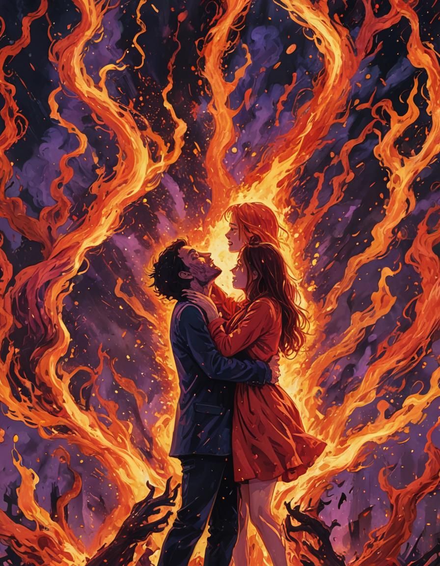 Fiery Soulmate Embrace in a Pop Horror Nightmare