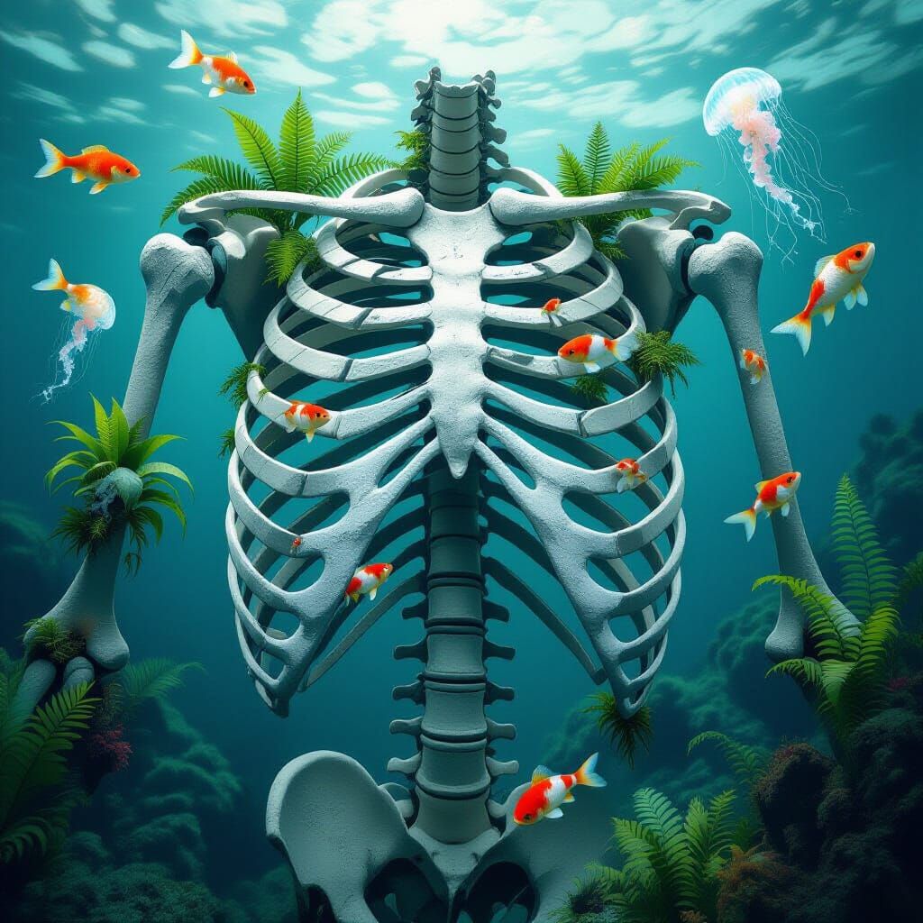 Surreal Ribcage with Tropical and Aquatic Life