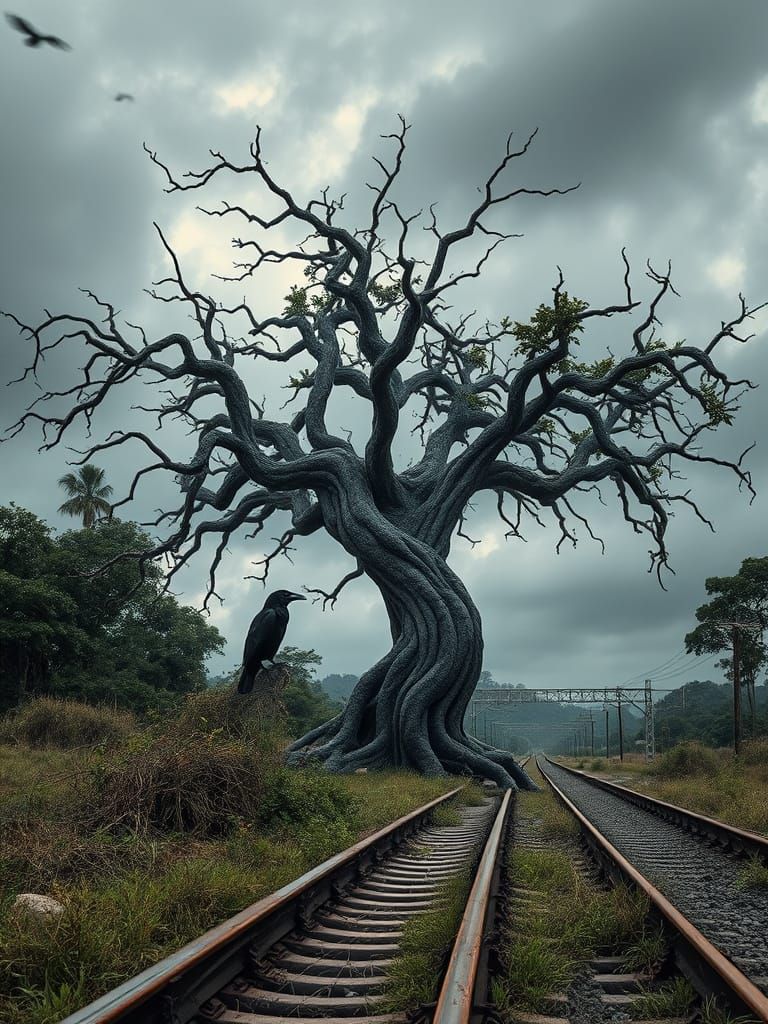 Gnarled Mango Tree Beside Abandoned Railway Track