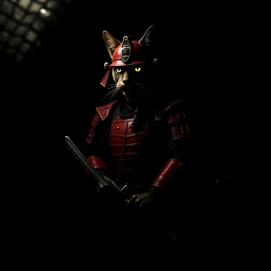 Red Samurai Cat Warrior in Cinematic Lighting