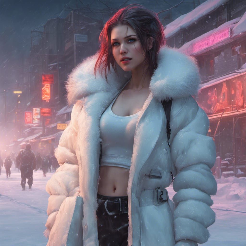 Cyberpunk Girl in Snowy Neon Landscape