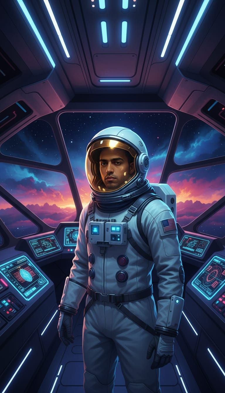 Astronaut in Futuristic Spaceship with Visible Face