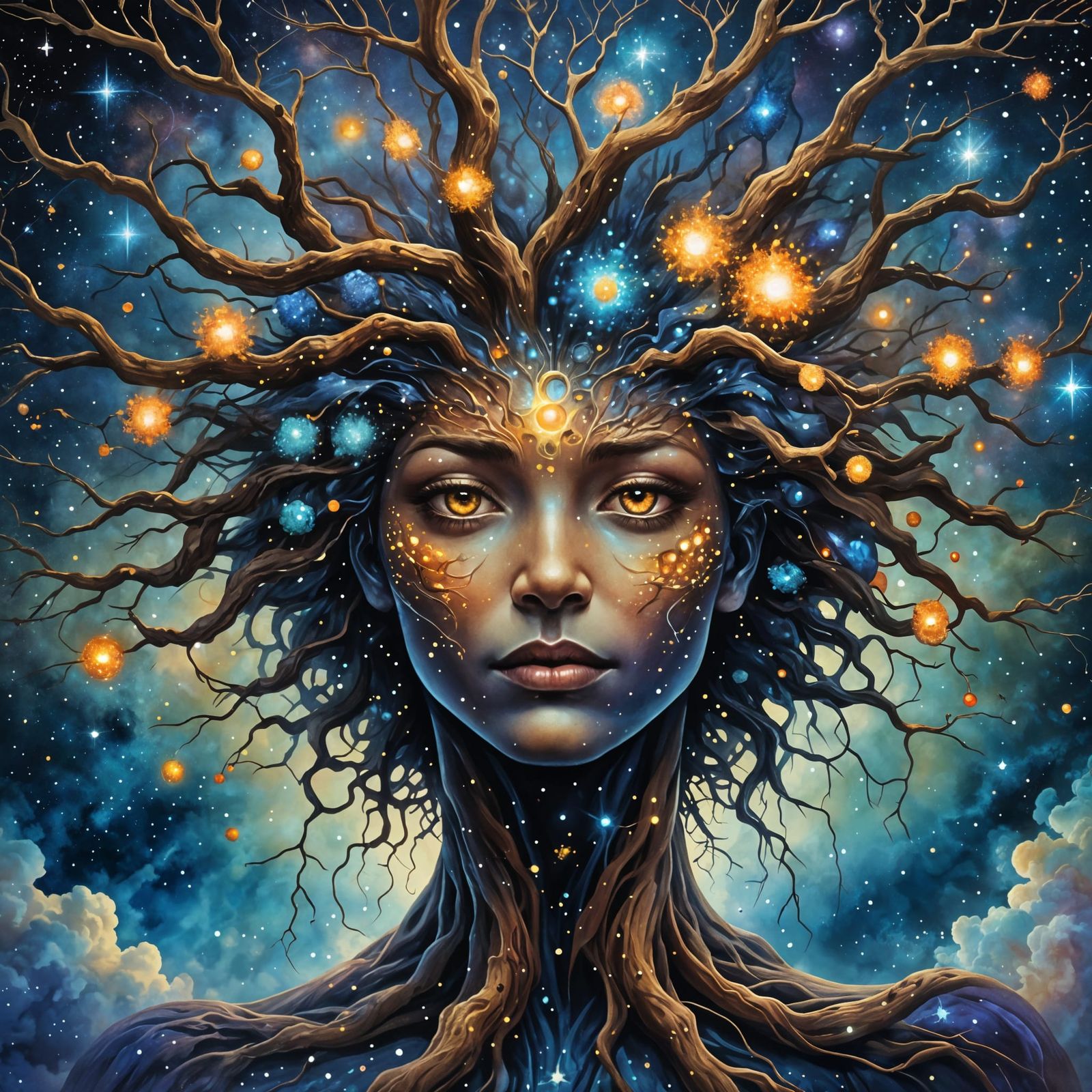 Cosmic Nebula Cherry Tree Face in Electric Stars