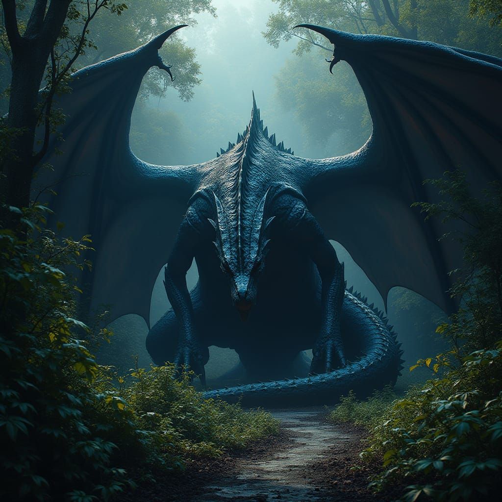 Dark Fantasy Dragon Amidst Kudzu, in Cyberpunk-Inspired Art