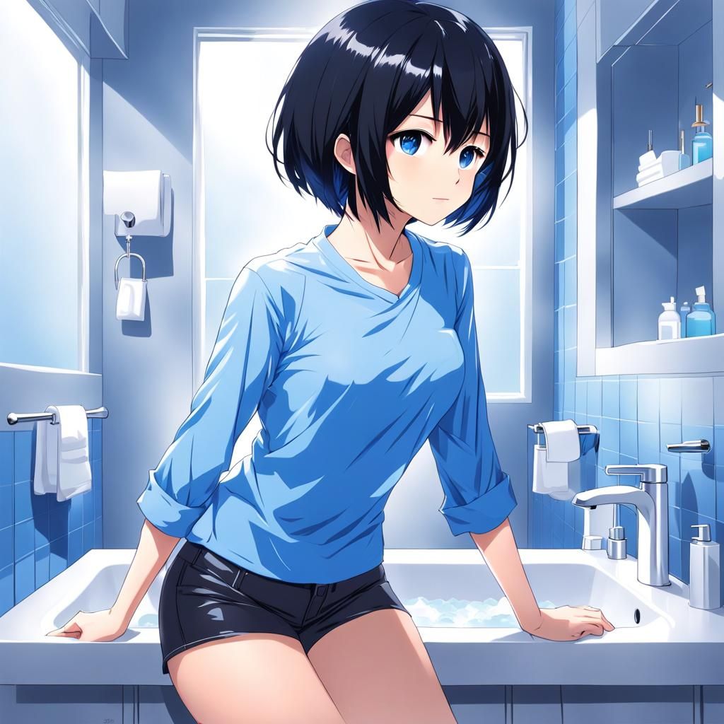 Anime Style Woman in Bathroom Setting