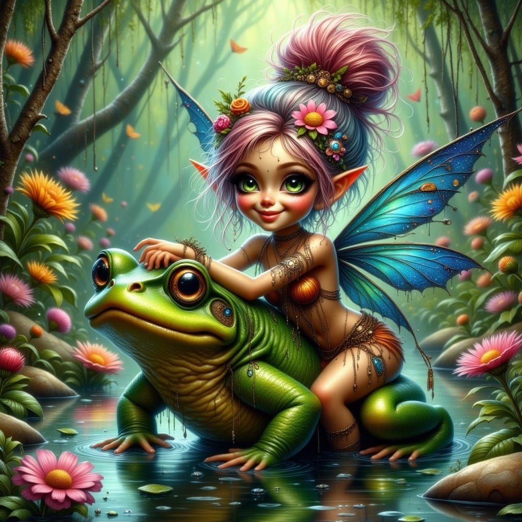 Mischievous Pixie Rides a Rainy Toad in a Vibrant Swamp