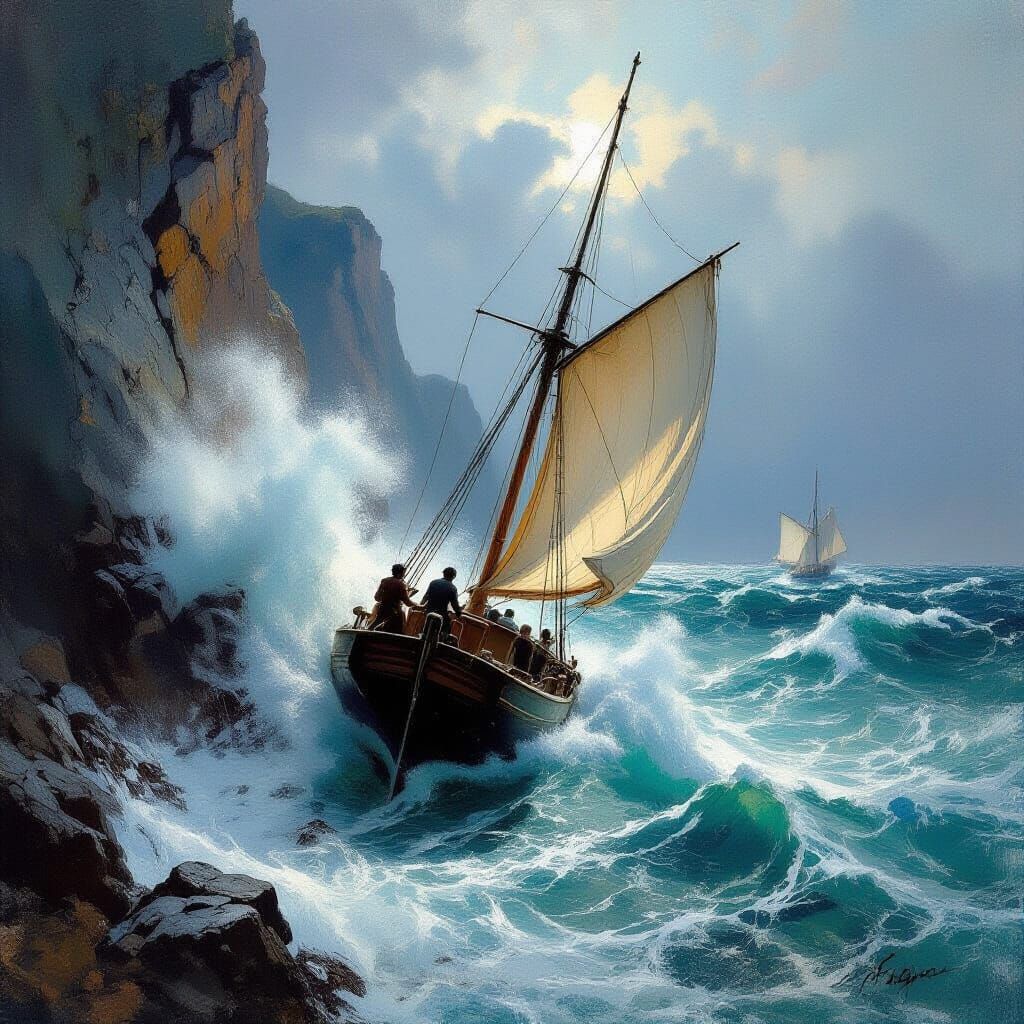 Shipwreck at Cliffside: Impressionistic Maritime Art