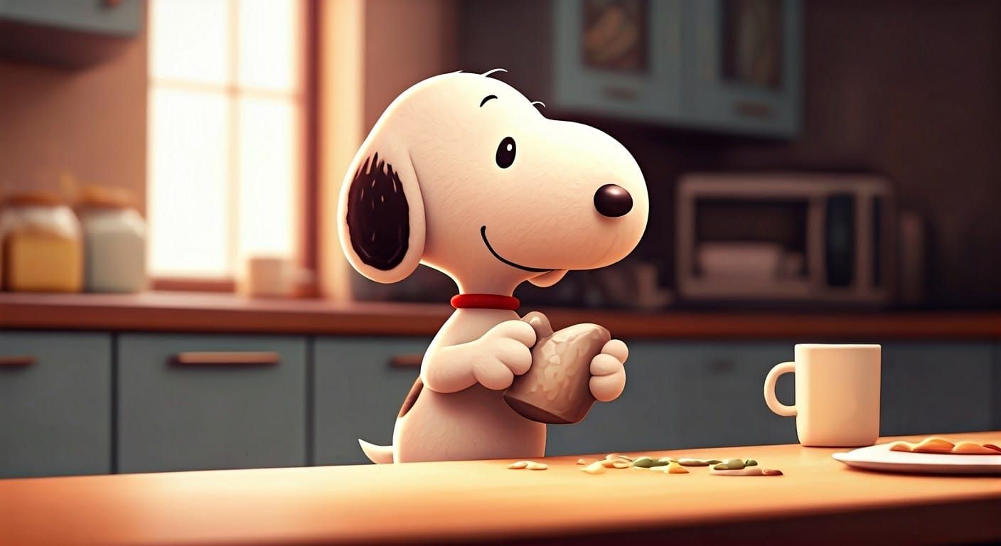 Snoopy in a Vibrant 3D Anime Kitchen Scene