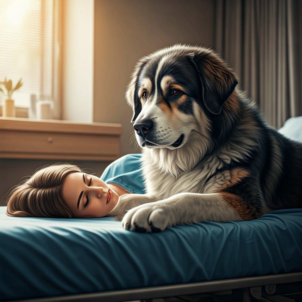 Therapy Dog Comforting Woman in Hospital Room