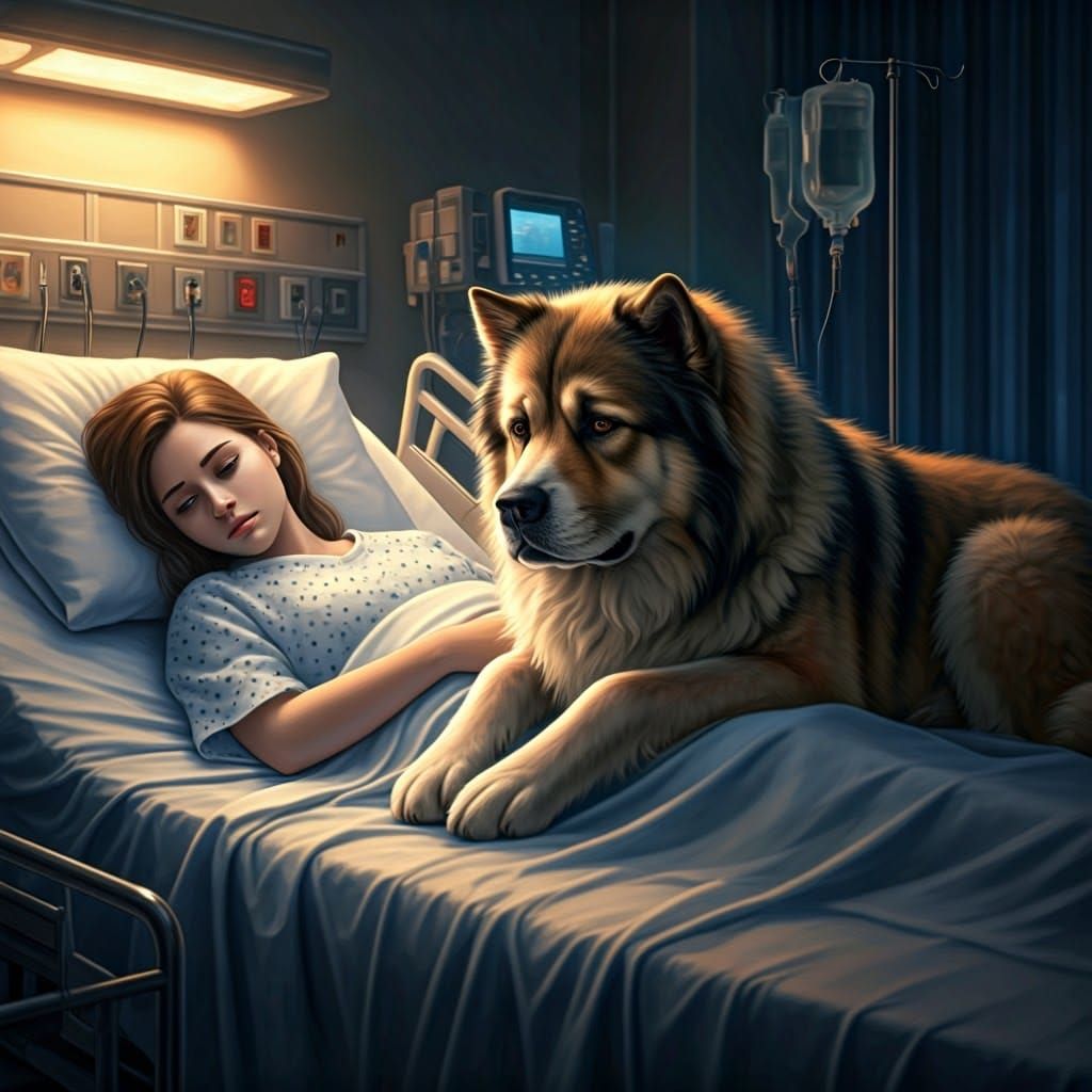 Therapy Dog Comforts Woman in Hospital, Impasto Painting