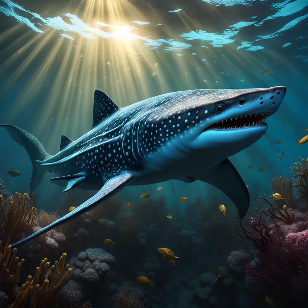 Ghost Whale Shark in Stormy Sea, Art Nouveau