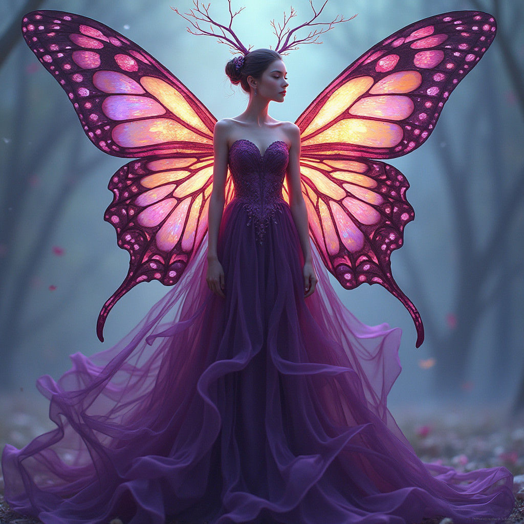 Butterfly Woman in Stained Glass Style Gown