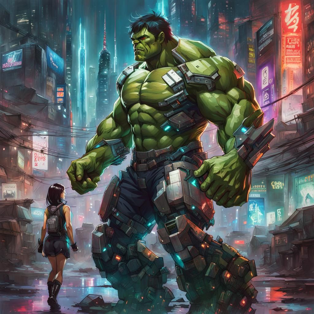 Cyberpunk Hulk in Robotic Armor with Glowing Cityscape