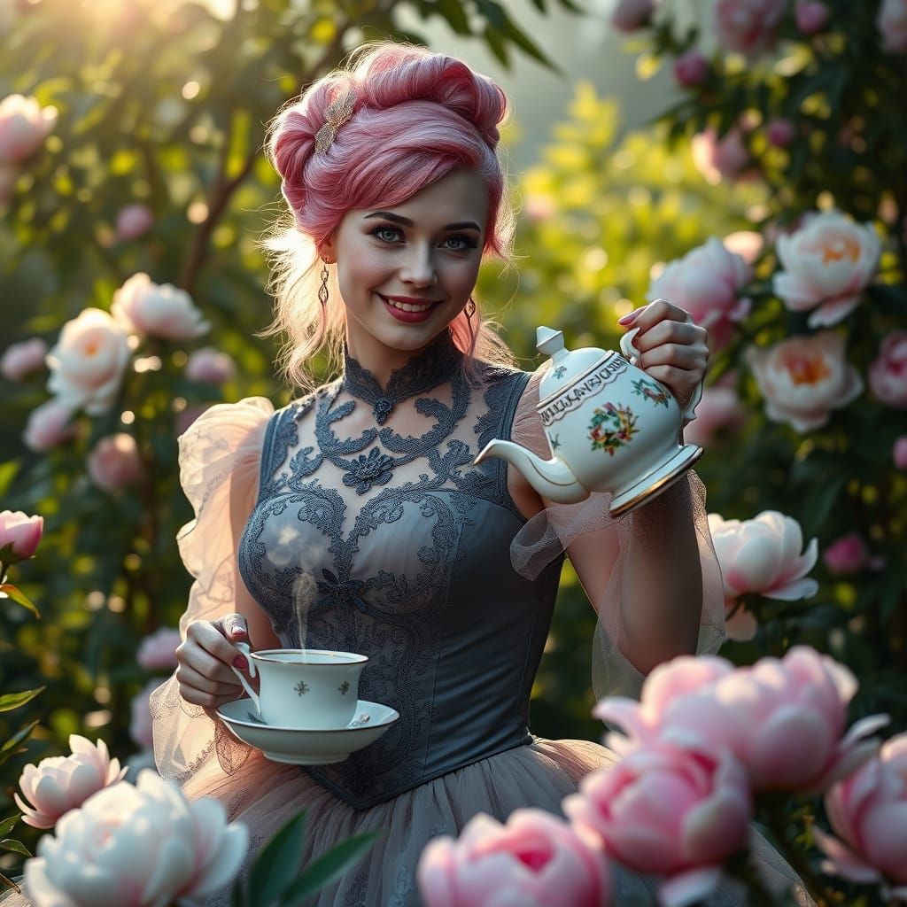 Gothic Goddess Serves Tea in Enchanting Peony Garden