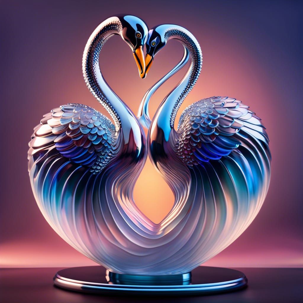 Glass blown swan couple making heart with their neck and beak, standing on a round crafted stand, perfect shot, full bod...