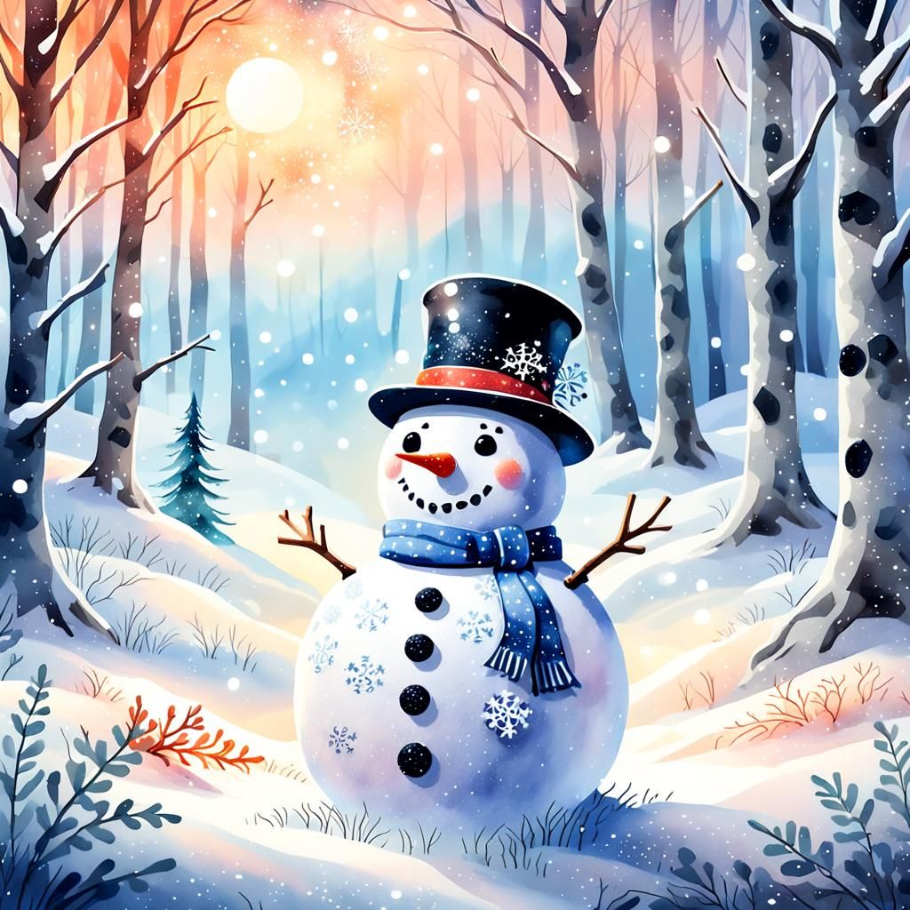 Whimsical Watercolor Snowman in Enchanting Winter Wonderland