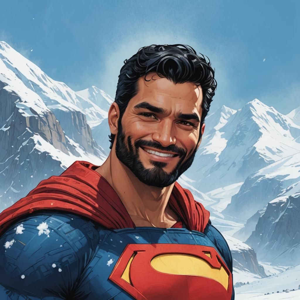 Arab Superman Portrait in Snowy Mountains, Impressionist Sty...