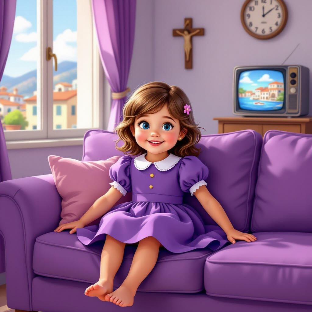 Italian Girl Relaxing on Couch in Cartoon Style