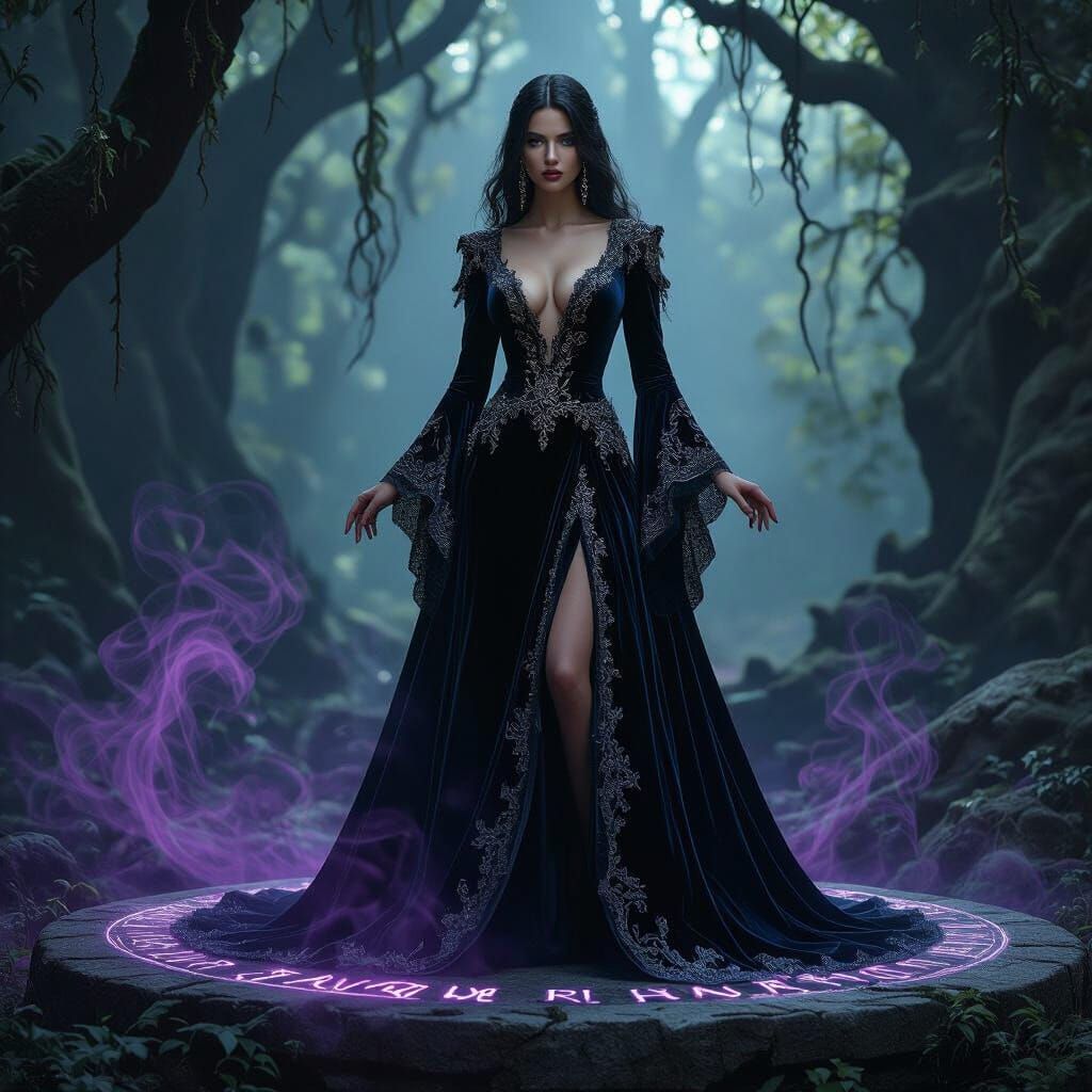 Gothic Sorceress Ritual in Dark Fantasy Forest