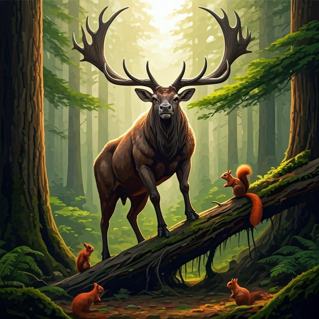 Majestic Megaloceros Guards Ancient Forest