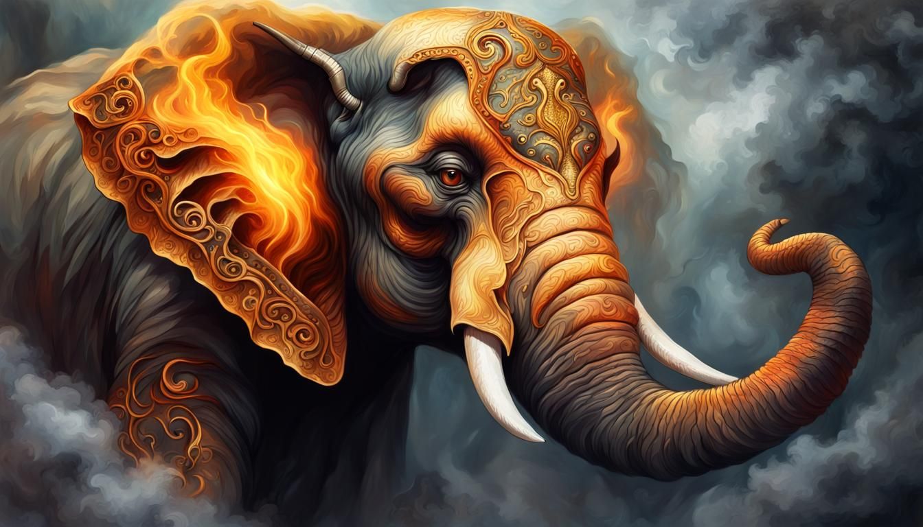 Fantasy Fire Elephant Portrait in Oil Painting Style