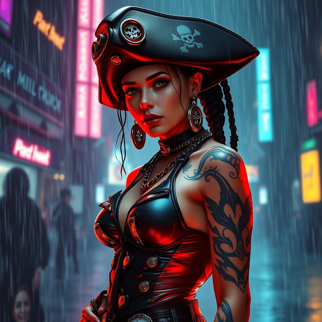 Cyberpunk Pirate Queen with Neon Tattoos in the Rain
