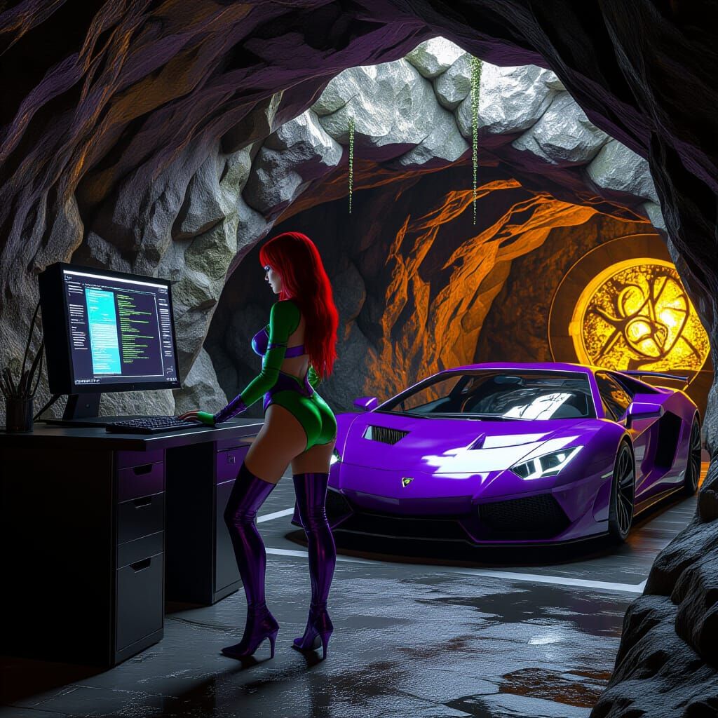 Red-Haired Woman in Purple Costume in Dark Fantasy Cave