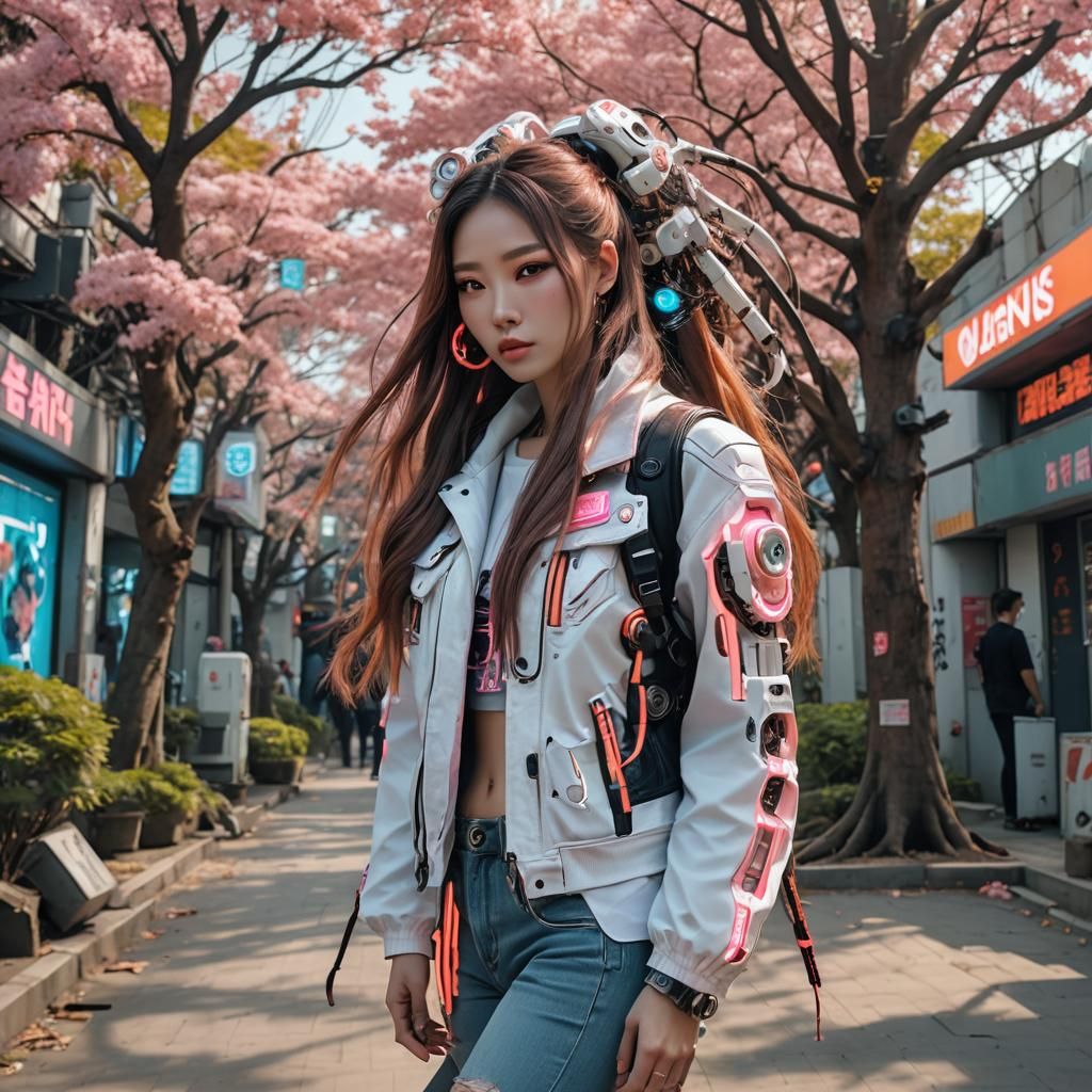 Cyberpunk Robotic Woman with Long Ponytail on Beach