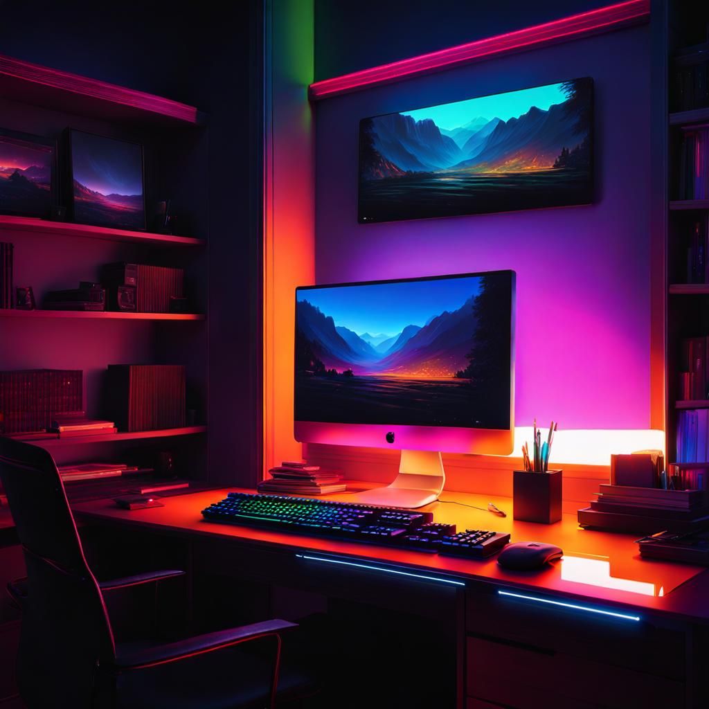 Glowing Monitor Illuminates Dark Room in Digital Art Style