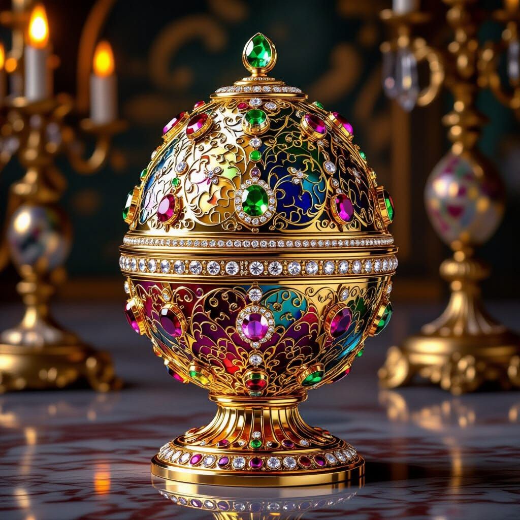 Opulent Fabergé Egg with Golden Filigree and Jewels